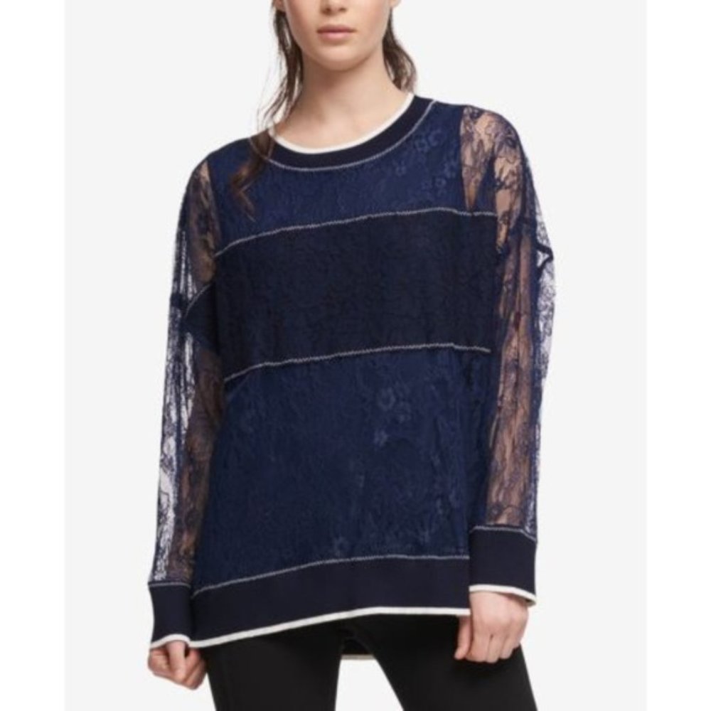 DKNY Lace Pullover with Ribbed Trim Top, Size S